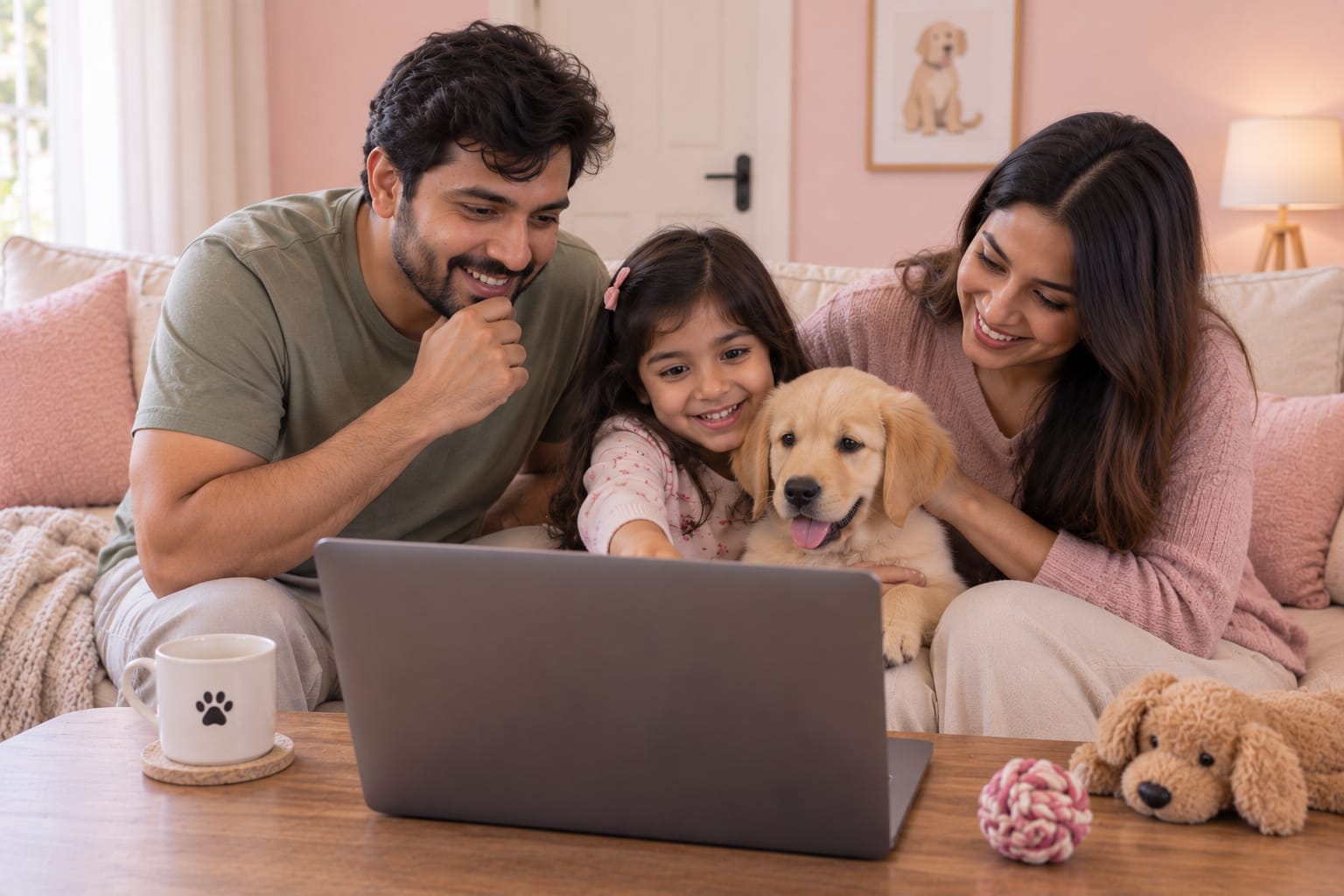 Family spending time with their puppy at home