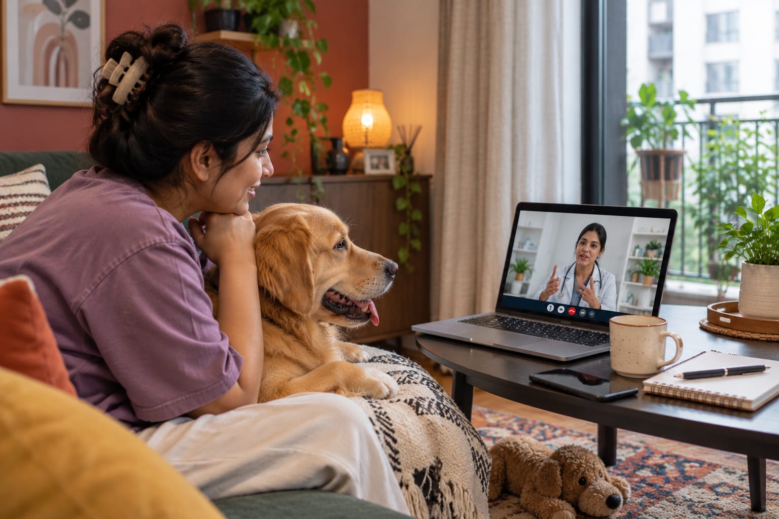Veterinarian caring for a dog and cat during an online consultation